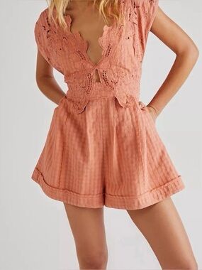 Free People Finley Peach Lace-Front Romper